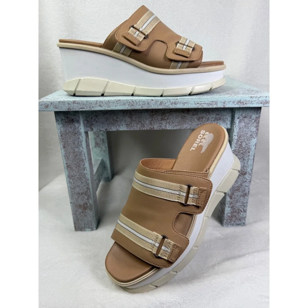 Sorel Womens Joanie III Wedge Slide Sandal Brown / Tan Leather Size 9.5‎